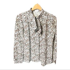Vintage pretty abstract floral print high neckline w/tie long sleeve #95B